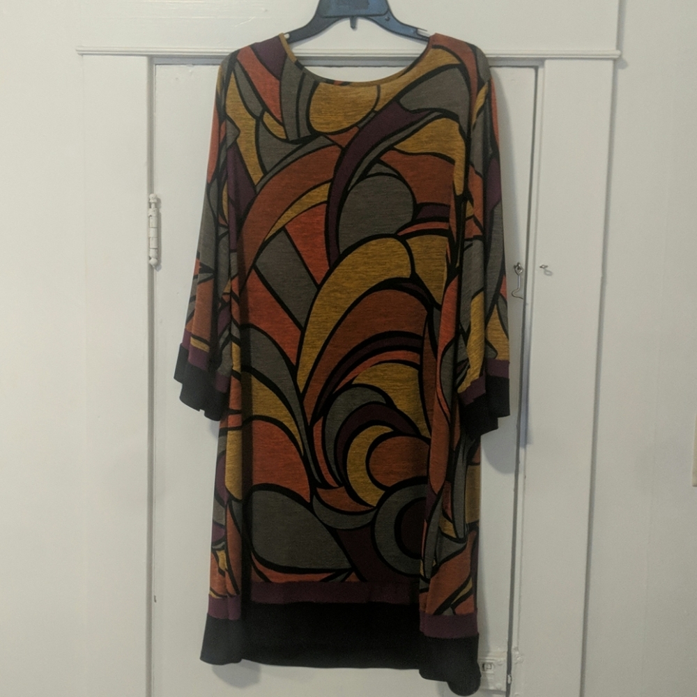 Purple / gold /orange shift midi dress